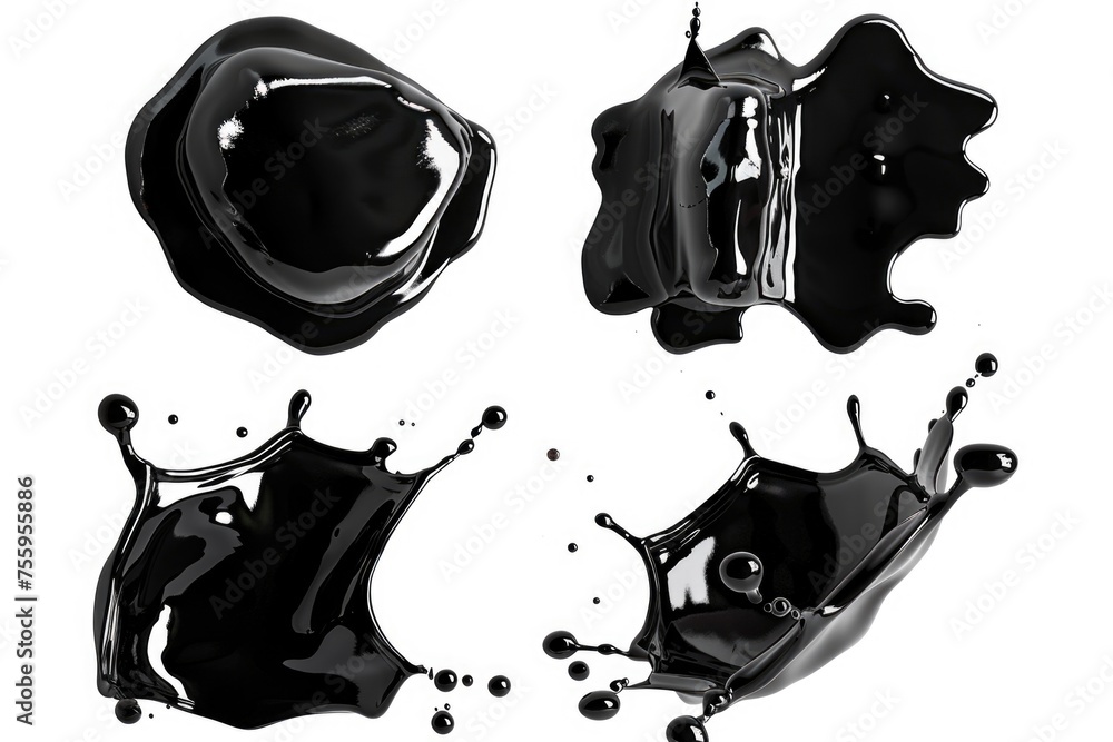 Poster four black liquid splashes on a white background. suitable for various design projects.