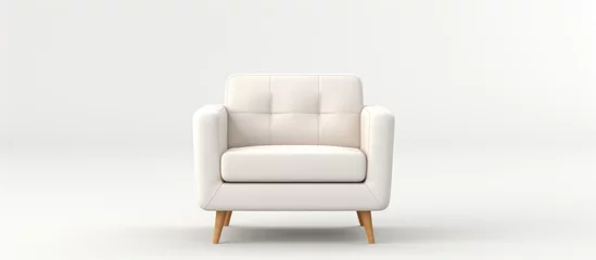 Fotobehang A comfortable white chair with wooden legs, armrests, and a rectangular shape, perfect for outdoor furniture, set against a white background © 2rogan