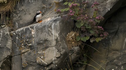 a small bird perched on a rock next to a small purple flower on the side of a cliff with purple flowers growing out of it.
