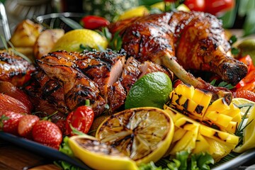Caribbean roast: meat with tropical fruits in a plate. - obrazy, fototapety, plakaty
