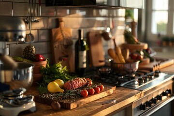 Various food items displayed on a kitchen counter. Suitable for food blogs or cooking websites.