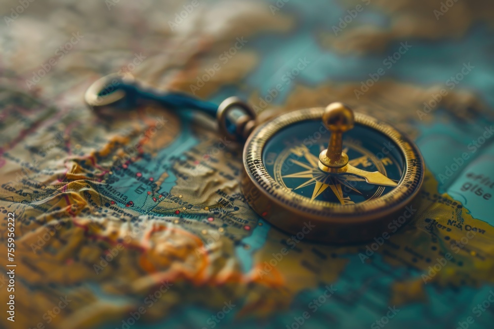 Poster detailed view of a compass on a map, suitable for travel themes.