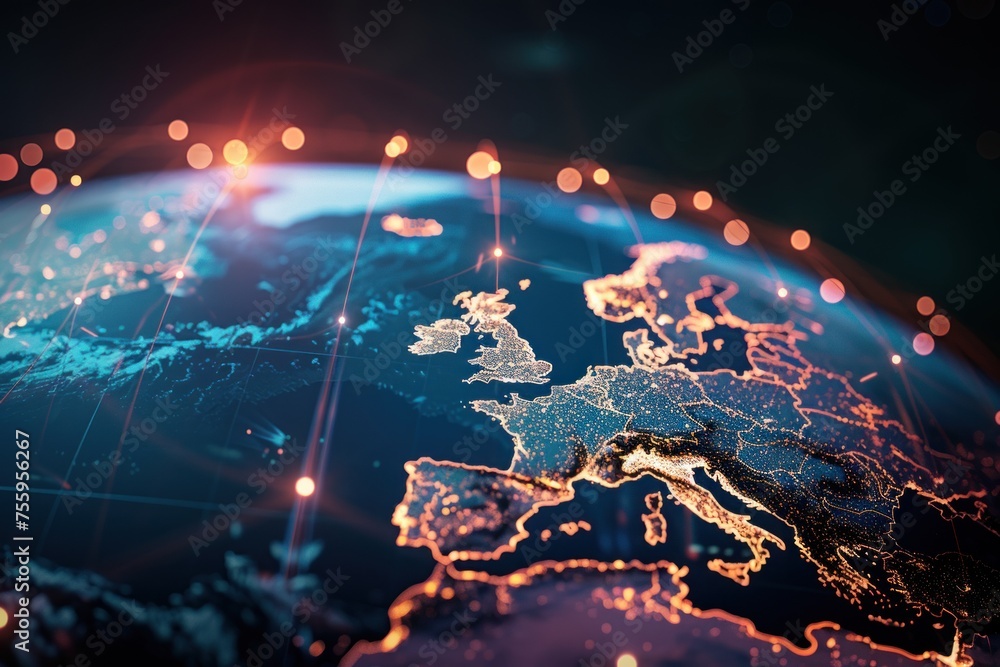Poster a globe with a bright blue background and a red and yellow glow around the edges. the globe is surro