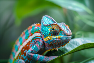  In a close-up shot, a colorful chameleon is perched on the edge of a leaf in an outdoor rainforest setting. Generative AI