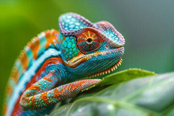 Obraz premium Colorful chameleon with vibrant blue, orange, and red scales perched on the edge of green leaves in a tropical rainforest. Generative AI