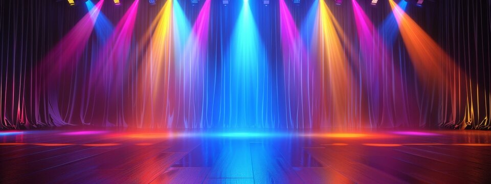 Stage for performance with colorful lights around with copy space