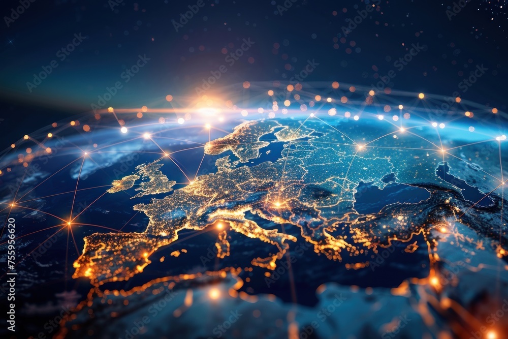 Aufkleber a globe with a network of lines and dots representing the internet. the globe is lit up with a warm,