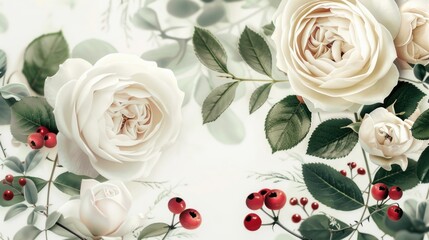 Beautiful bouquet of white roses with vibrant red berries. Perfect for romantic occasions or festive celebrations.