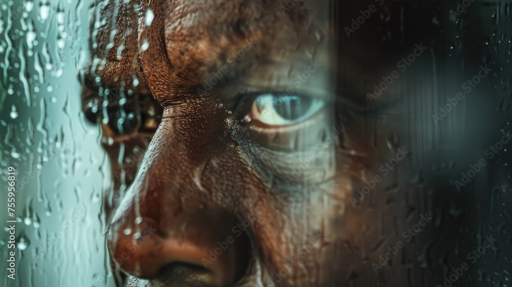 Poster close up of a person looking out a window, suitable for lifestyle or quarantine concepts.