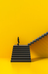 Businessman walking up the stairs on yellow background. 3D Rendering