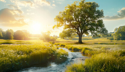 Tree and stream in green meadow at sunset