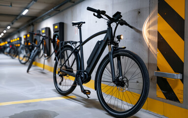 Obraz premium Electric bikes are parked in row in parking lot.