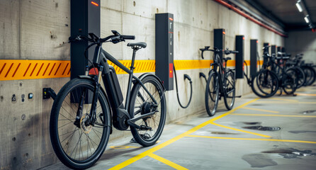 Electric bikes charging in underground parking lot - obrazy, fototapety, plakaty