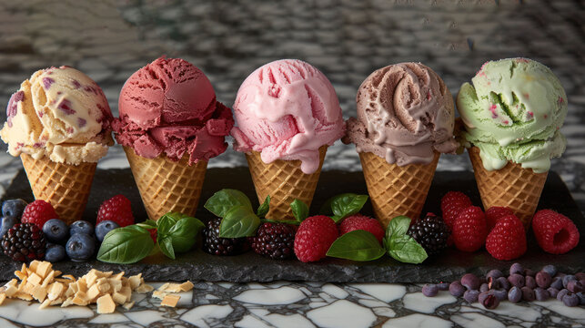 a row of ice cream cones with raspberries, blueberries, raspberries, and raspberries.