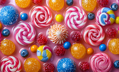 Fototapeta premium Colorful candies and lollipops on pink background