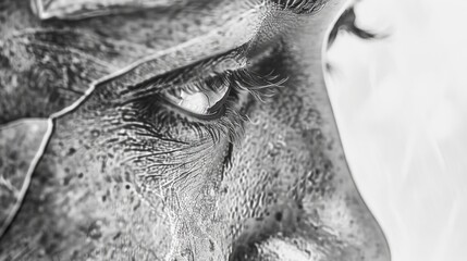 Detailed black and white image of a horse's eye. Suitable for veterinary or equestrian themes.