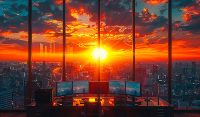 Empty office desk in modern office with beautiful cityscape and sunset in the background
