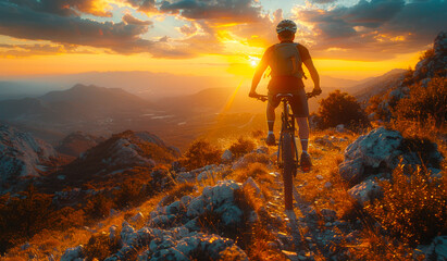Young woman is riding bicycle on the rocky trail at sunset - obrazy, fototapety, plakaty
