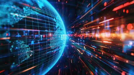 Obraz premium Digital world globe out of control extreme speed. Concept of movement and energy, as if the globe is being propelled through space