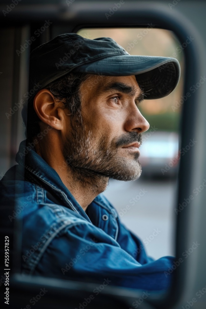 Poster a man wearing a hat looking out of a window. suitable for various concepts and designs.