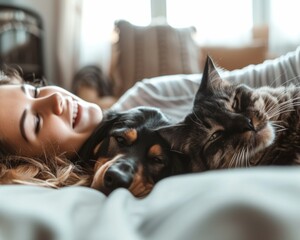 A woman reclining in bed with a grey cat and a brown dog lying beside her. - obrazy, fototapety, plakaty