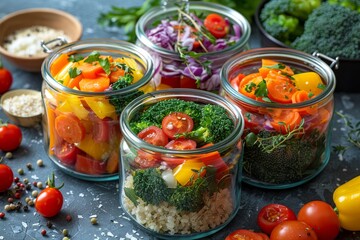 Mason jars filled with layers of colorful vegetables, grains, and herbs on a textured surface - obrazy, fototapety, plakaty