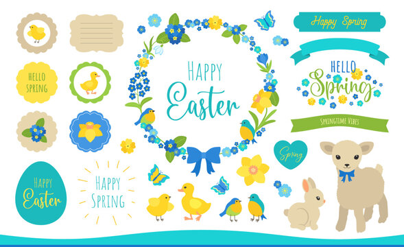 Spring Easter clipart set cute Easter bunny, colorful eggs, lamb, duckling, chick, spring flowers and leaves. Gift tags, labels happy Easter signs. Egg shape frame. Charming spring clip art pack.
