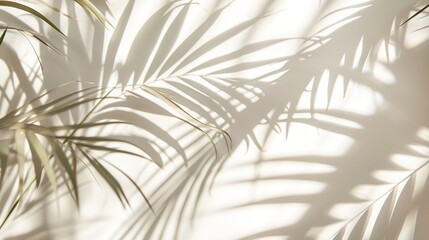 Coconut leaves casting graceful shadows against a pristine white room backdrop, creating an atmosphere of tranquility and simplicity - obrazy, fototapety, plakaty