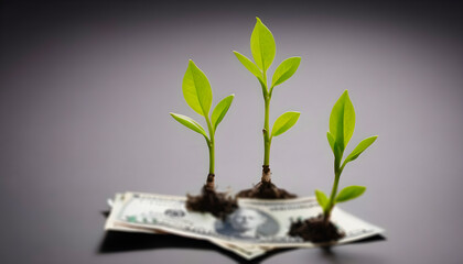 Several dollar bills with plants on them with a blur effect. Suitable for advertisements, thumbnails or covers about finance