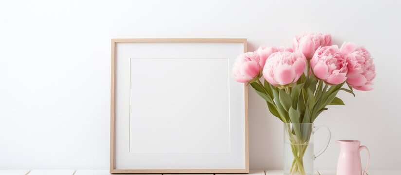 A beautiful bouquet of pink flowers is displayed in a vase next to a picture frame on a table, creating a lovely and elegant focal point in the room