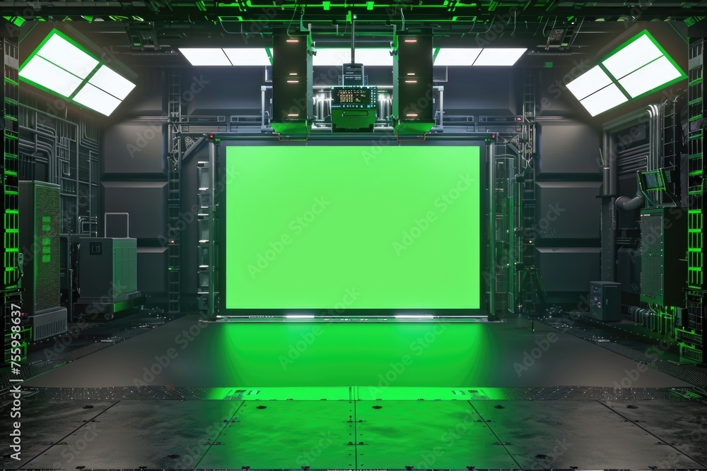 Poster a green screen setup in a spacious room, perfect for filming projects. .