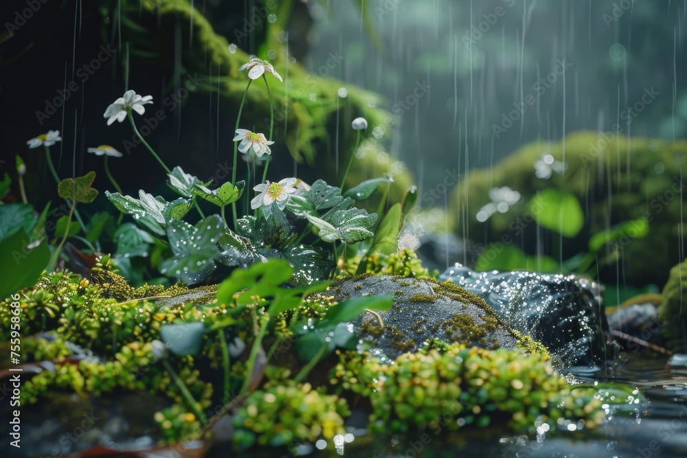 Poster Scenic view of a stream running through a vibrant forest. Suitable for nature and environment concepts.