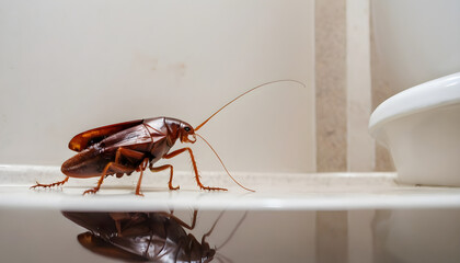 Brown cockroach inside toilet with transparent label board