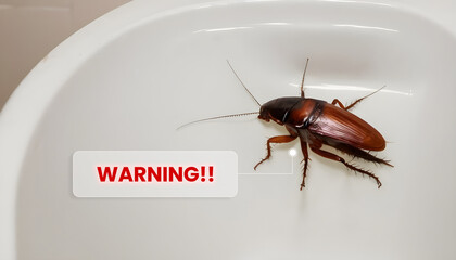 Cockroaches in the toilet with a warning sign