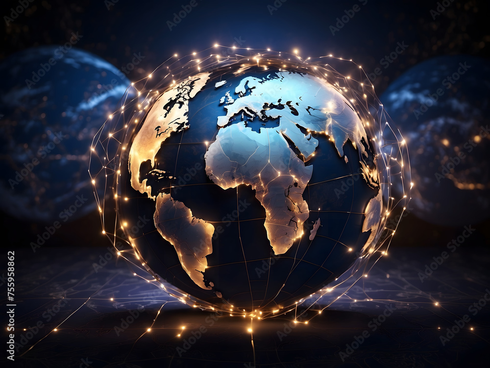 Wall mural background with glowing lights, a globe with a network of lights in the middle of it and a map of th