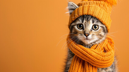 Cute Cat Dressed in a Fall Autumn Scarf and Hat 