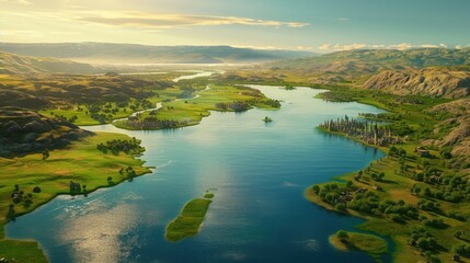 Obraz premium a large body of water surrounded by lush green hills and a lush green valley with lots of trees on both sides.