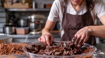Young woman making artisan chocolate in kitchen filled with natural light. Baker or chocolatier...