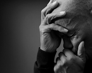 black man praying to god with hands together Caribbean man praying on black background with people stock photos stock photo	