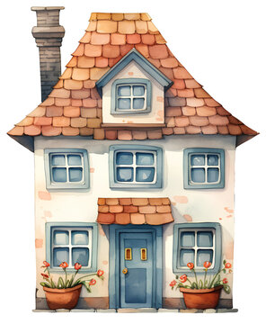 Watercolor illustration of a cute cartoon house. Transparent background, png