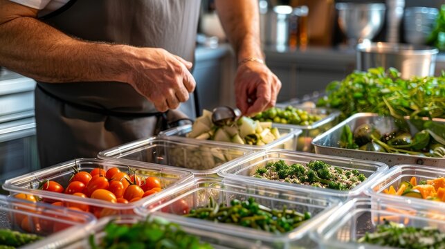 Man putting cut fruit and vegetable into glass containers, Many lunchboxes with different delicious food, Healthy meal prep for a week of workouts. Generative ai
