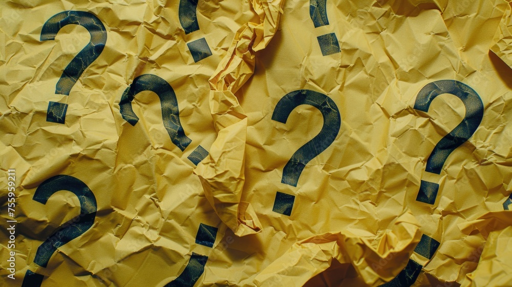 Poster a pile of crumpled yellow paper with question marks. suitable for business and education concepts.