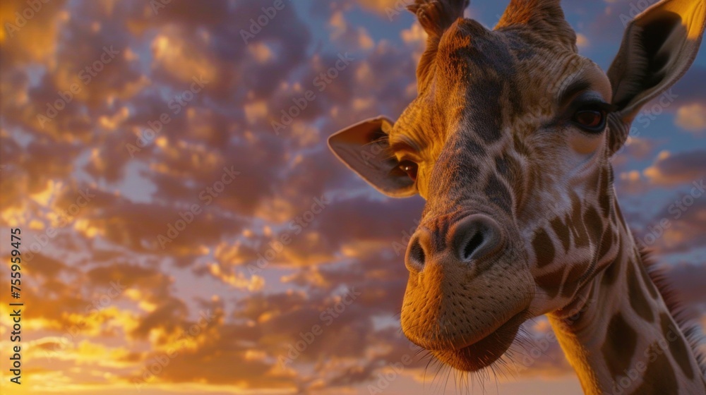 Poster close-up of a giraffe's face with the sun setting in the background. perfect for nature and wildlife