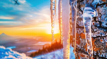 icicles hanging from a tree with the sun setting in the distance in the distance, with a mountain in the background. - obrazy, fototapety, plakaty