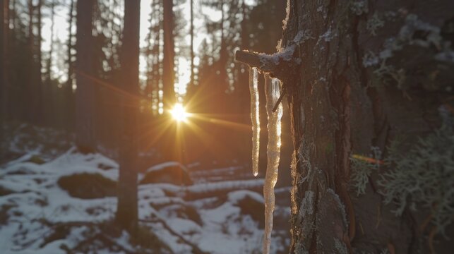 the sun shines through the branches of a tree in a snow - covered forest with snow on the ground.