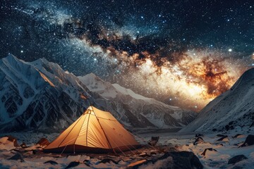 Snow-covered tent under the starry Milky Way sky, ideal for camping and adventure concepts. - obrazy, fototapety, plakaty