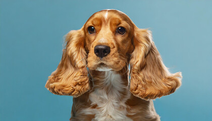 Looking so sweet and full of hope. English cocker spaniel young dog is posing. Cute playful braun doggy or pet is sitting isolated on blue background. Concept of motion, action, movement. - obrazy, fototapety, plakaty