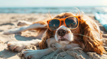  Cute dog wearing sunglasses relaxing on a sandy beach