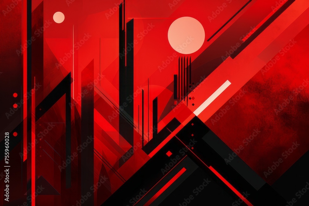 Poster a striking red background with sharp geometric shapes