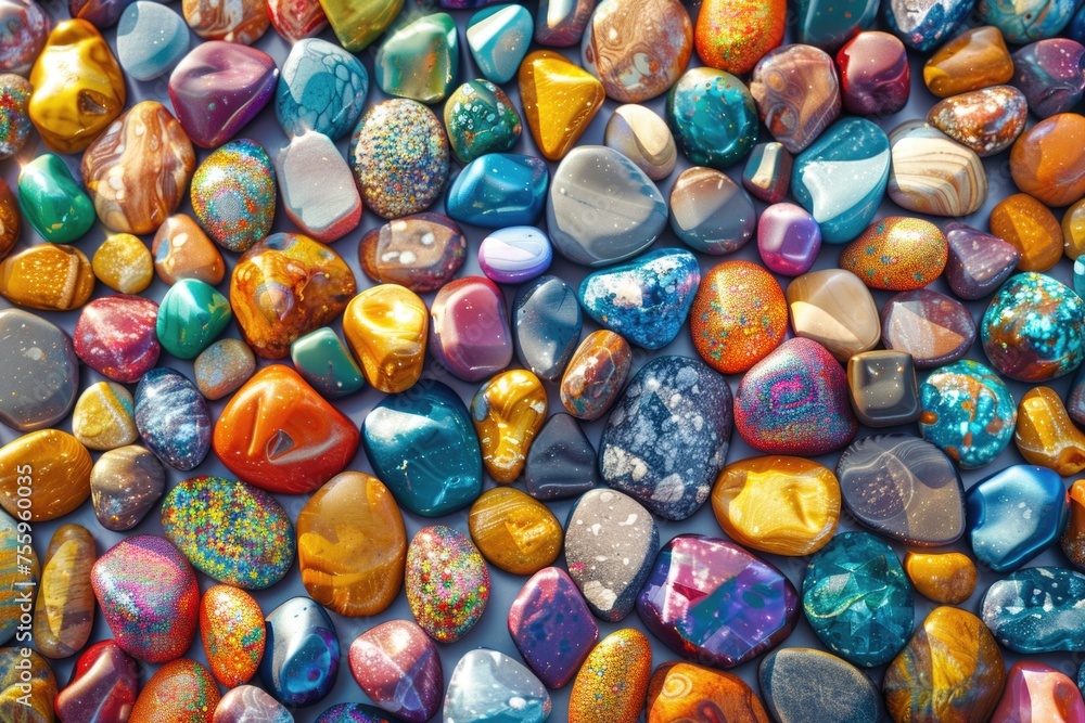 Poster A pile of colorful rocks stacked on top of each other. Suitable for various design projects.
